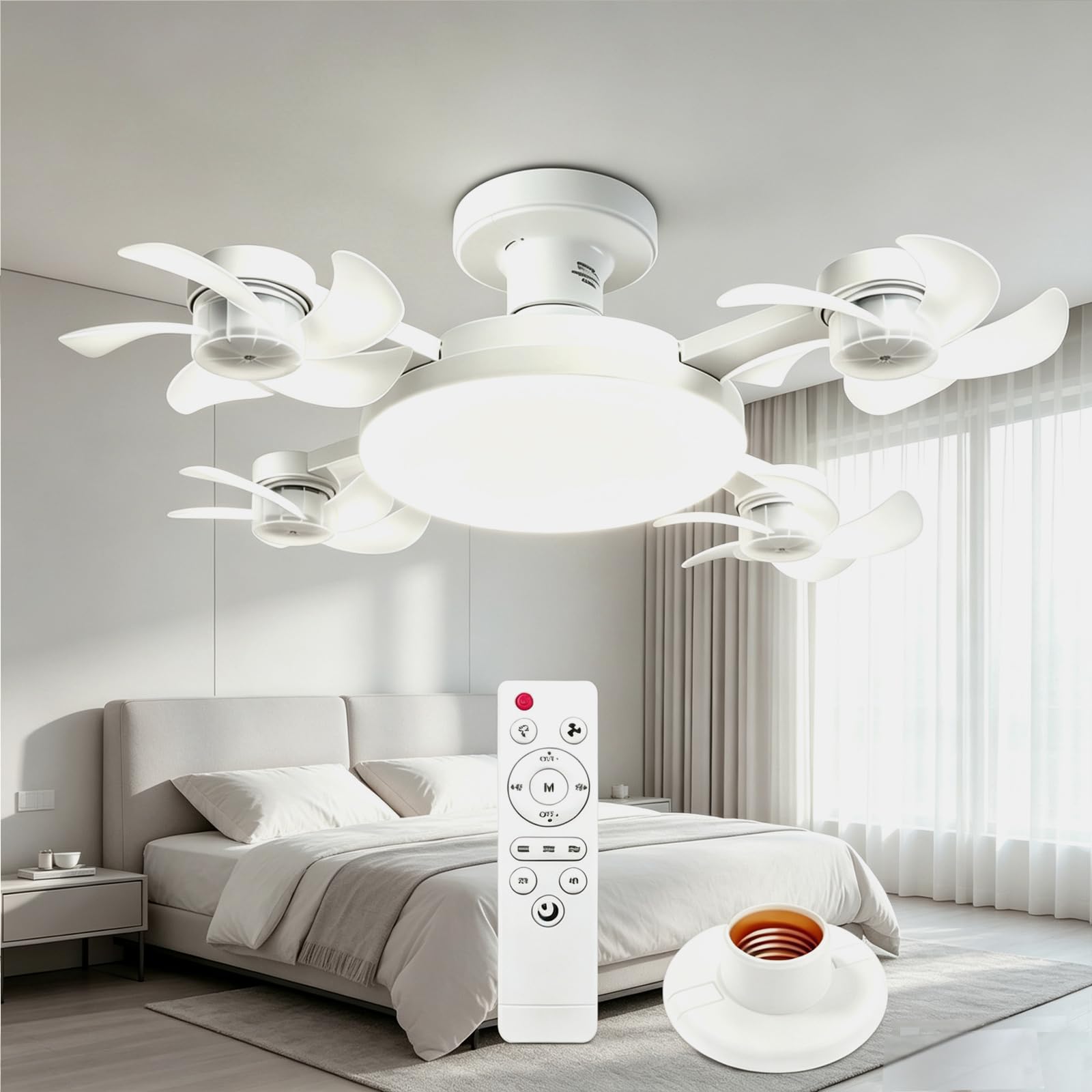 ANBTUKJ Ceiling Fan Light with Remote E27 Socket Fan Lamp, 4-Head 60W 3 Speeds Dimmable Quiet Timer, for Bedroom Closet Garage
