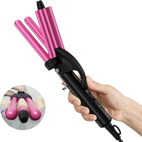 Miniatura 9 de Mini rizador de pelo, rizador de 3 barriles de 12 pulgada con queratina y aceite de argán infundido, rizador de viaje con doble voltaje, bolsa de