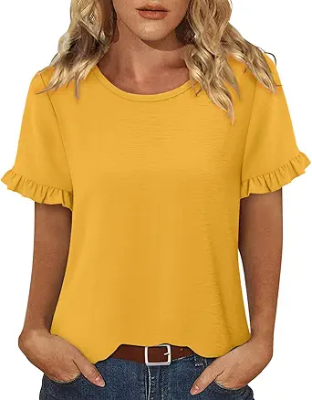 CRAZY GRID Women's Shirts Summer Casual Crewneck Ruffle Short Sleeve Blouses Cute Floral Print Tunic Tops