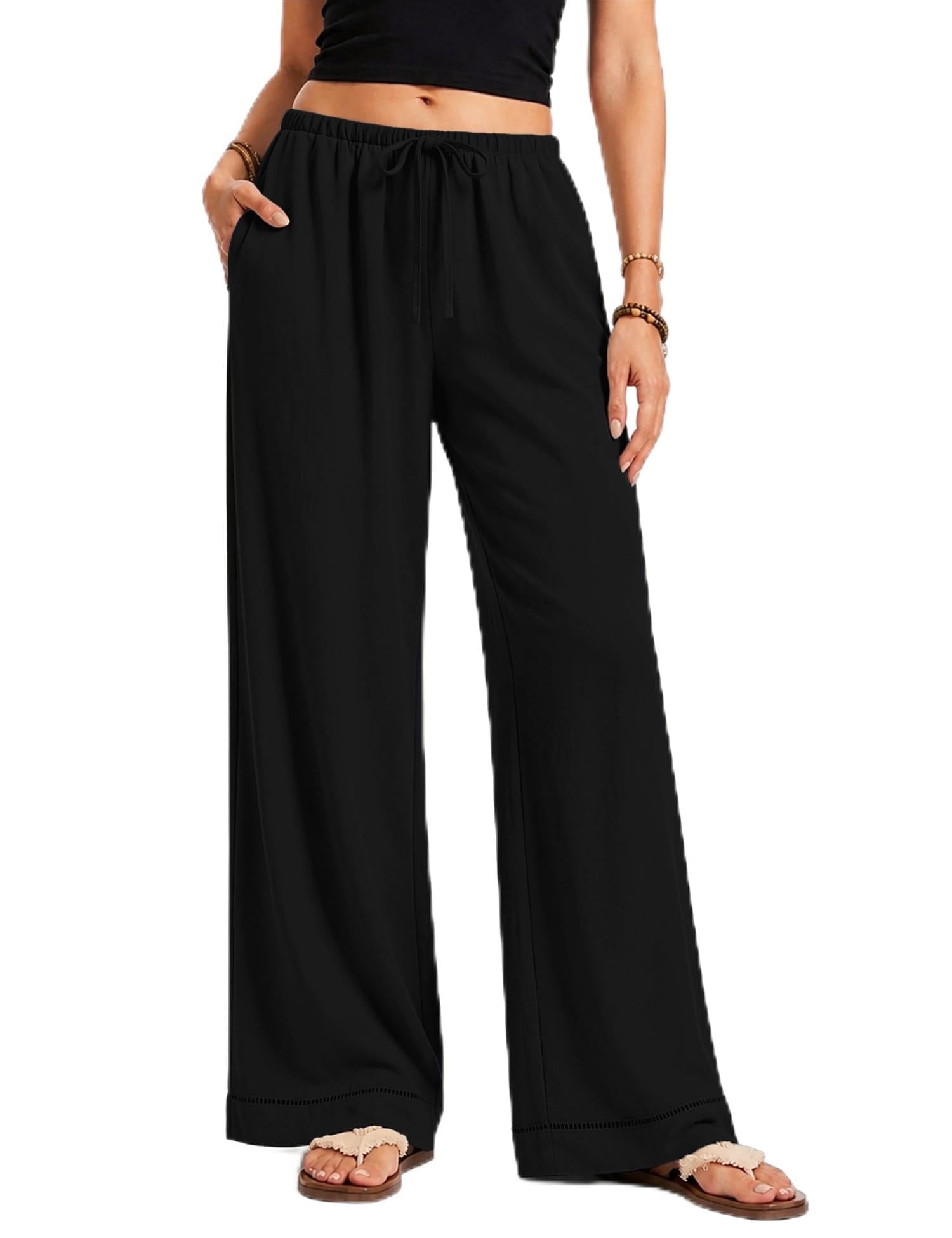 Rapbin Leinenhose Damen Weite Leg Palazzo Hose Sommer Sommerhose | Sommer Sommerhose Damen Elegant Freizeithose Lang Lockere Stoffhose mit Tunnelzug und Taschen