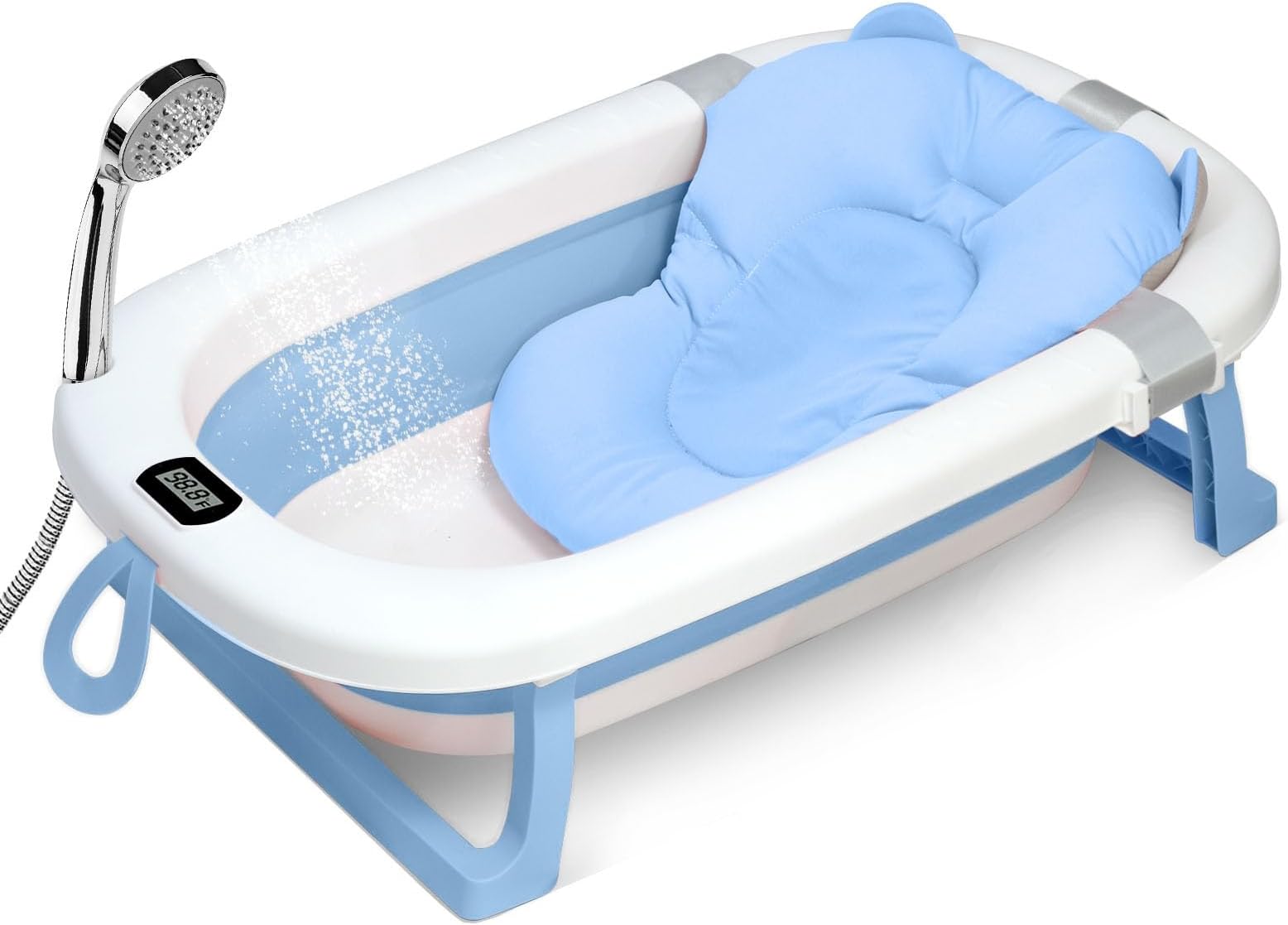 SKY-TOUCH Baby Foldable Bath Tub with Bathmat Cushion & Thermometer, Portable Baby Bathtub with Drain Hole, Shower Basin with Non-Slip Support Leg for 0-6 Years Boy Girl (Blue)