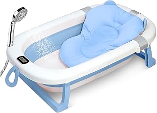 SKY-TOUCH Baby Foldable Bathing Tubs with Soft Bathmat Cushion & Thermometer
