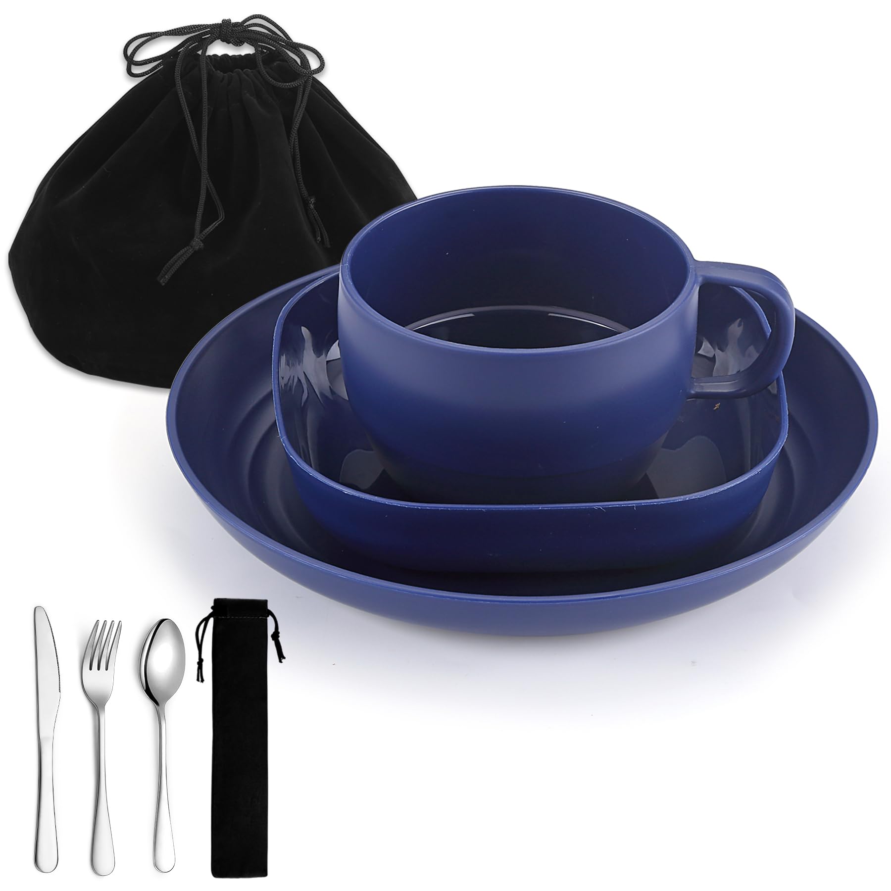Camping Utensils Set, ReaNea Camping Plates and Bowls Set with Coffee Mug, Travel Cutlery Set Include Spoon, Fork, Knife for Home, Poolside, Outdoor, Picnic, Camp