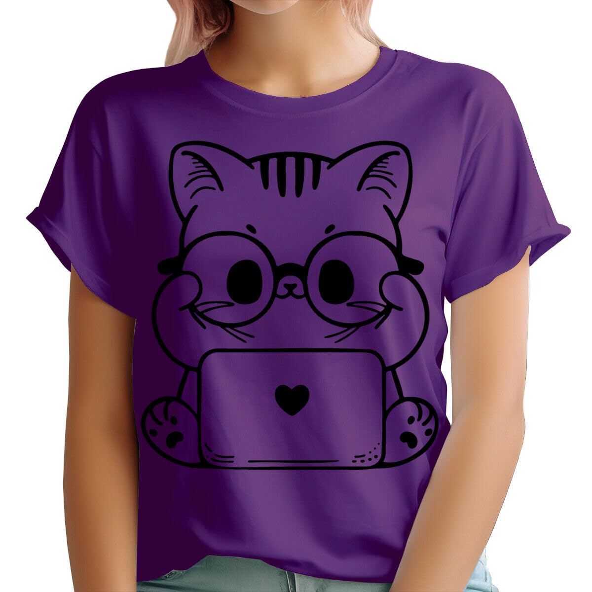 D&TCute Cat Laptop T-Shirt Womens Graphic Tee Tech Lover Gift Funny Cat Design Casual Apparel #T490