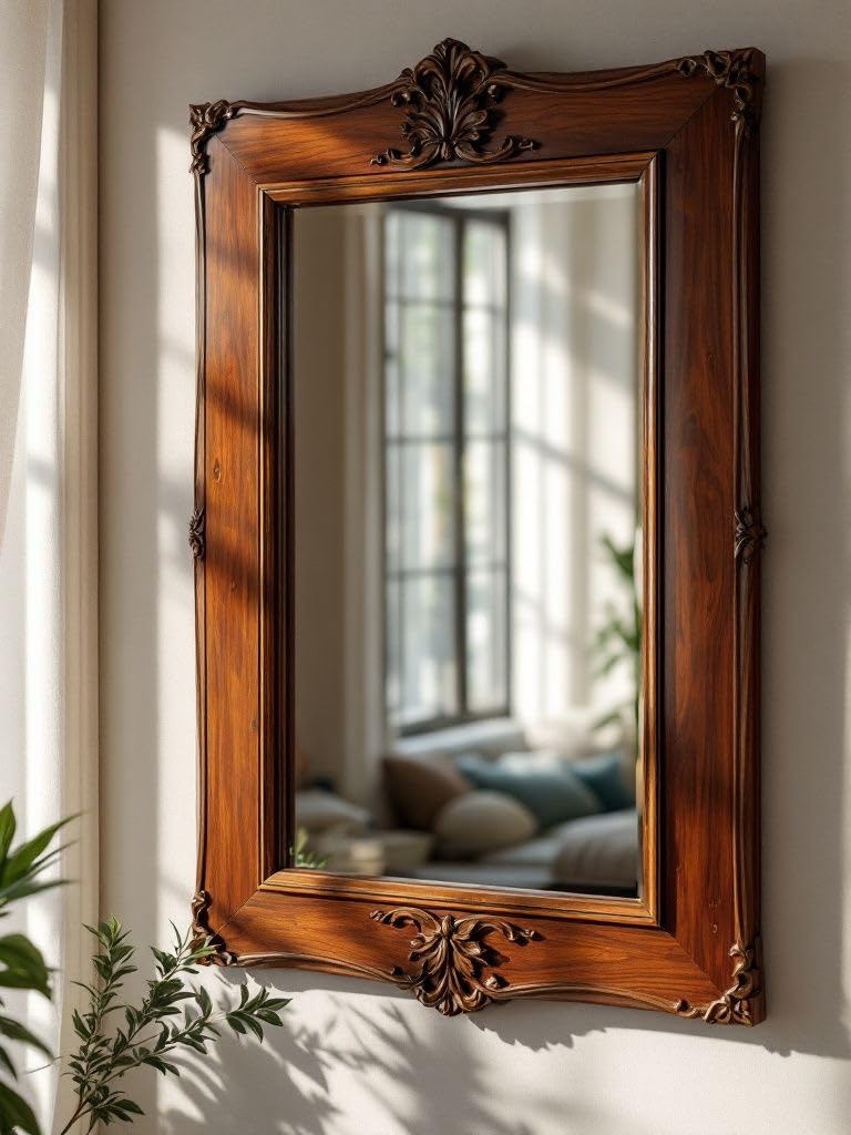 Vintage Decorative Wall Mirror with Ornate Wooden Frame, Carved Floral Accents, Walnut Brown Finish, Rectangular Shape, Living Room Decor || Without Mirror || 36x24 Inches ||-image-30