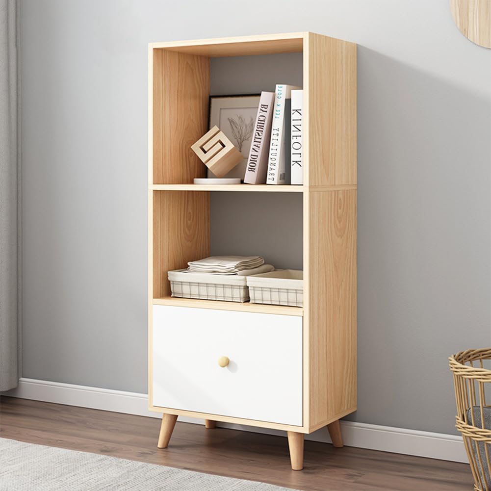 IOTXYOpen Shelf Cube Bookcase - 47" Tall Mid-Century Large Bookshelf with Drawer and Deepen Display Storage Cabinet for Home Office, Oak