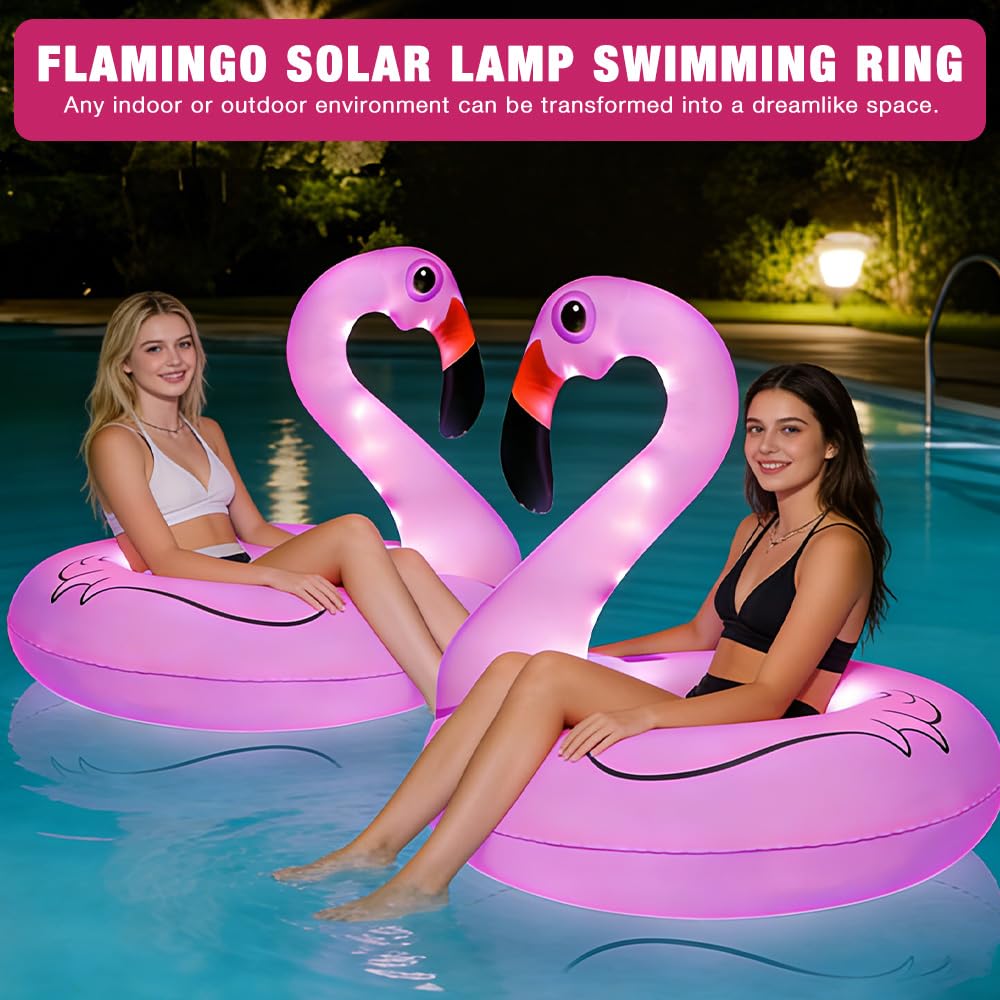 Mineup Bouée Flamant Gonflable avec Lumières Solaires, Bouée Gonflable Flamant Rose, Anneau De Natation Gonflabl en Forme De Flaman Rose pour Adulte pour Piscine, Plage Et Fêtes D’Été (100x90 Cm)