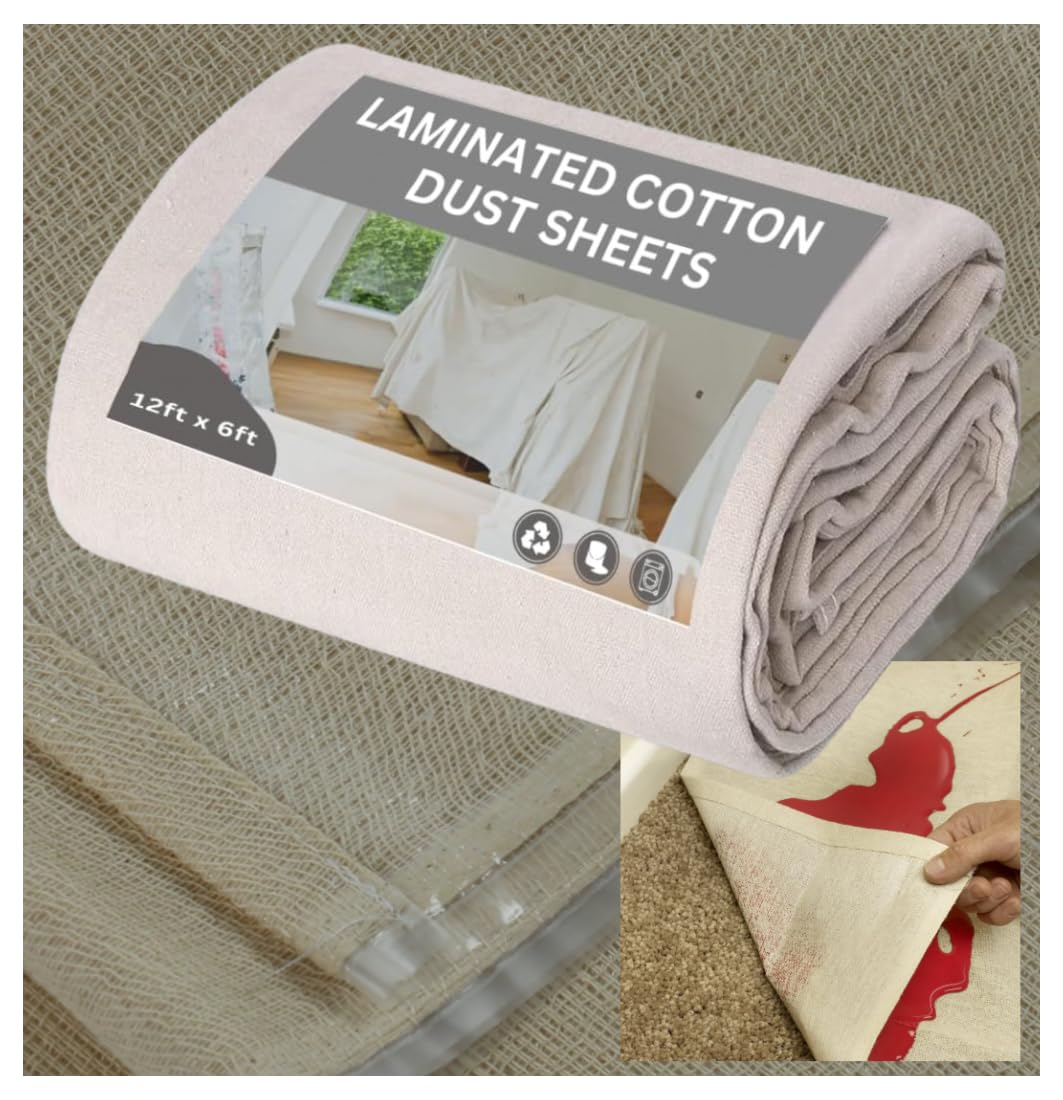 Jms Bridge Natural Laminated Cotton Dust Sheets 12Ft X 6Ft For Painting & Decorating | Polythene Backed Drop Cloths | Reusable Paint Cover Sheets For Furniture, Floor, Diy