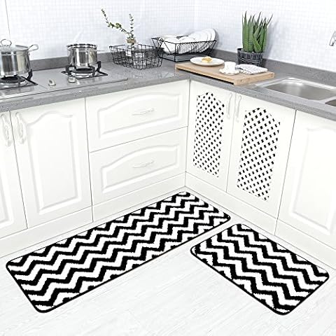 Carvapet 2 Pieces Microfiber Kitchen Mats Bath Rug Non Slip Washable Runner Soft Chevron Kitchen Floor Mat Carpet Doormat Runner Bath Mat Set, 17"x48"+17"x24", Black Cover