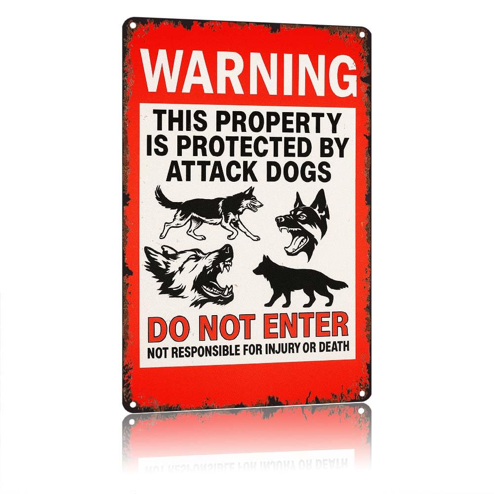 WARNING This Property Is Protected By Attack Dogs Vintage Aluminum Metal Tin Sign 12X8 Inch, DoEnter Retro Warning Decorative Wall Plaque, Waterproof Rustproof Outdoor Fence Yard Wall Decoration Art