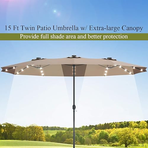 Miniatura 7 de Tangkula Sombrilla solar LED de doble cara de 15 pies con base, sombrilla doble para exteriores, sombrilla extra grande con 36 luces LED alimentadas