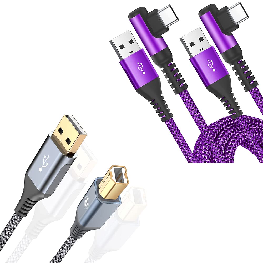MAXGROUPPrinter Cable 6ft, USB 2.0 Printer Cable USB-A to USB-B Cable,USB C Cable Right Angle [2-Pack, 3.3FT+3.3FT], USB Type C Charger Fast Charging Cable Nylon Braided Cord