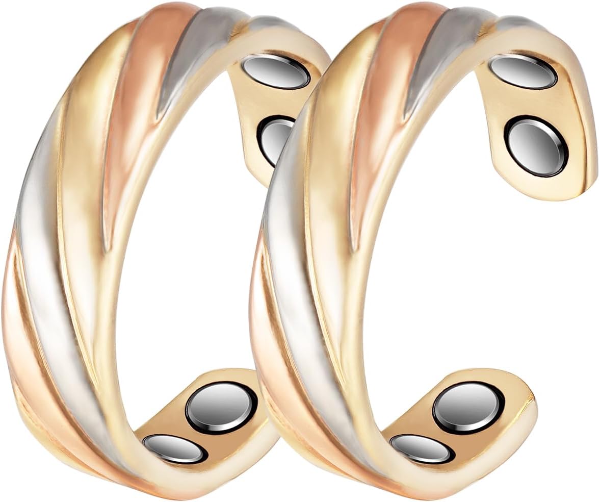 Copper Rings for Women, 2PCS Set Three Color Gold Adjustable Magnetic Therapy Ring,Copper Jewelry (C)
