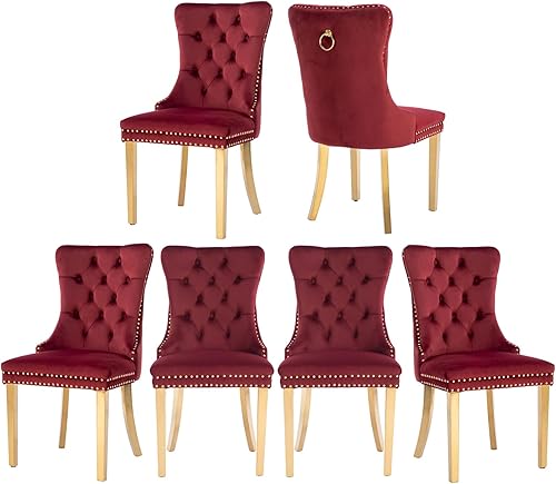 Miniatura 27 de Juego de 6 sillas de comedor de terciopelo gris, modernas sillas de comedor con respaldo copetudo y patas de madera maciza, sillas de comedor Gris