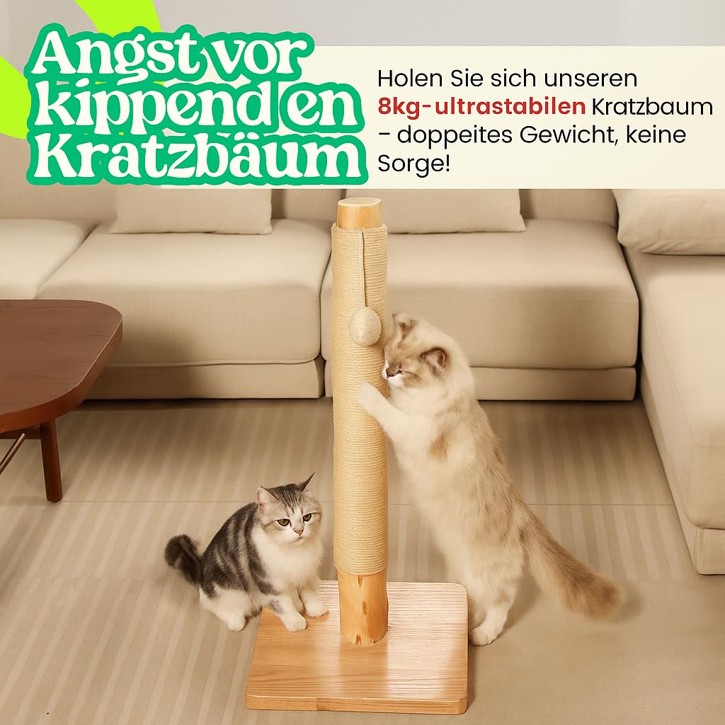 89 cm Kratzsäule aus Massivholz, Langlebiger Kratzbaum aus Holz | 8 kg Stabiler Stand, Natürlicher Birnbaumstamm, Sisalseil, Massivholz-Basis mit Eichenfurnier, 1 Jahr Ersatzseil
