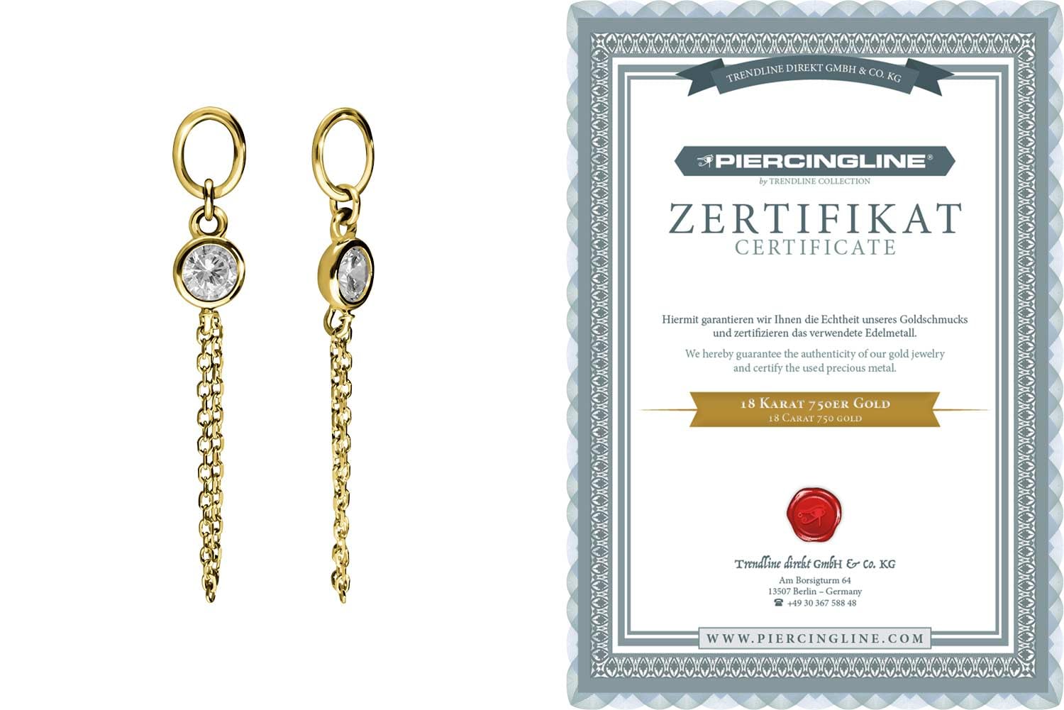 PIERCINGLINE 18 Karat Gold (750 er) Anhänger für Clicker Bauchnabelpiercing Creolen KRISTALL + KETTE Piercing Gelbgold