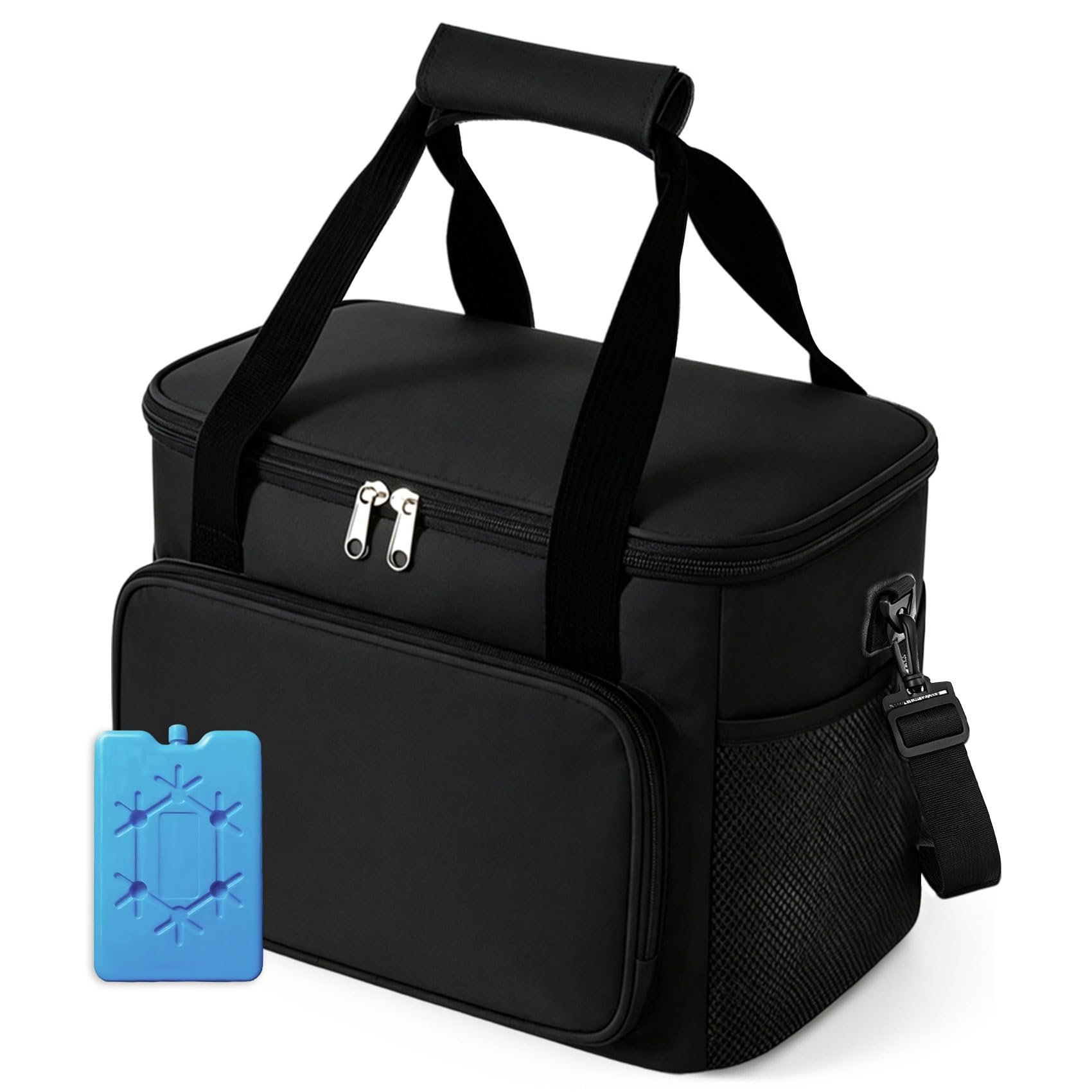 Lunch Bag Cooler Bag Waterproof & Leak Resistant with Ice Pack, Side & Front Pockets Portable Lunch Box for Work, Picnic, Camping, Travel, BBQ & Outdoor Use (15L Black)