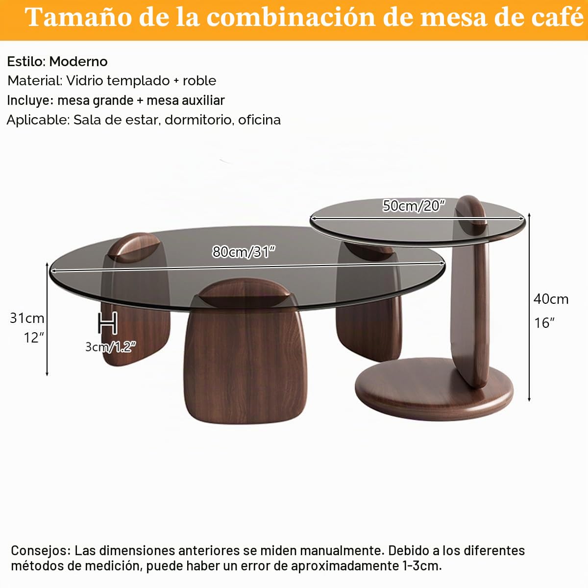 Mesa de Centro Redonda Cristal, Mesa Nido Juego de 2, Patas de Madera Maciza, Vidrio Templado para Salón Dormitorio Oficina-Fácil Montaje(Brown-B,80+50cm/31+20in)