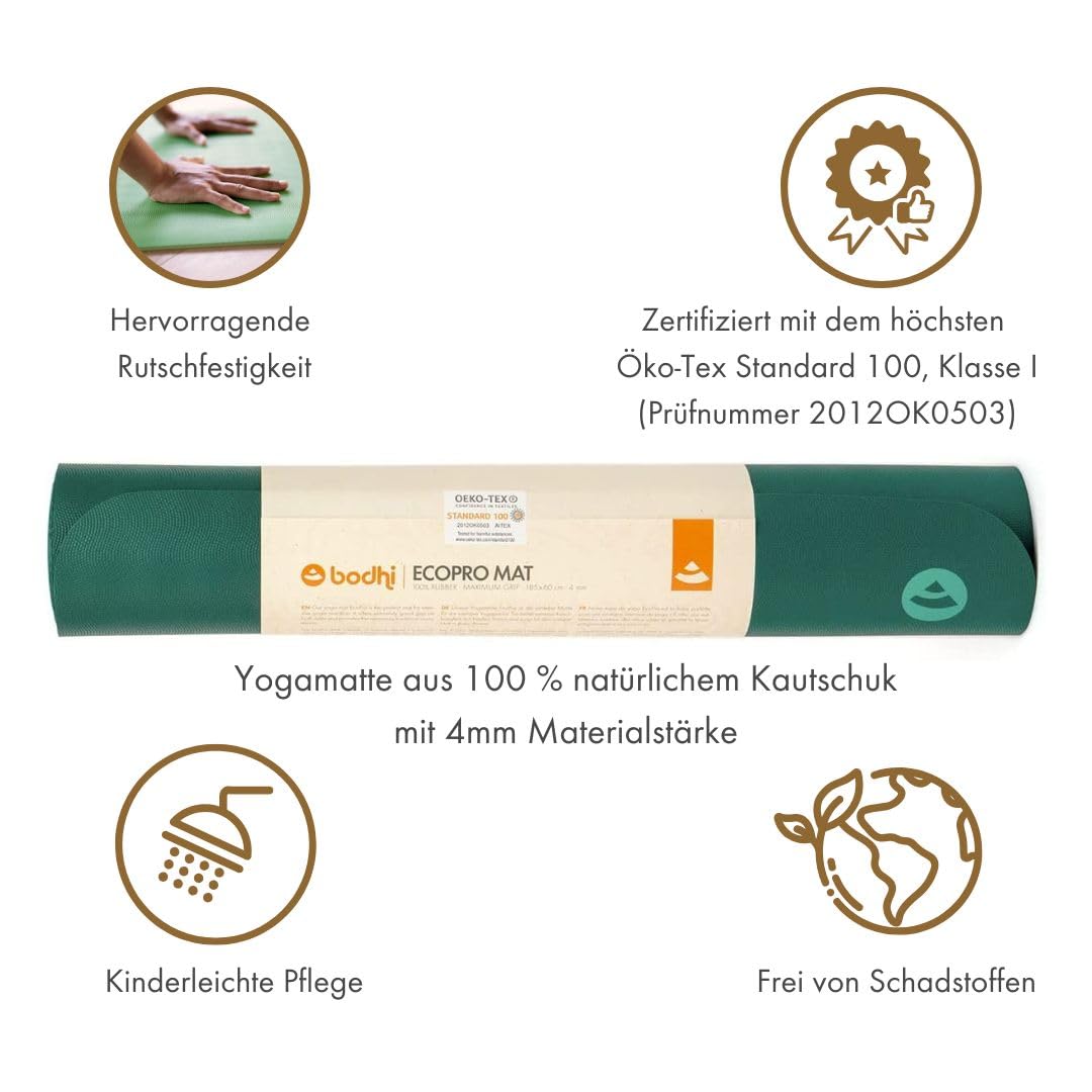 Bodhi Yogamatte ECO PRO | Extrem Rutschfester Naturkautschuk | Natürlich & Umweltfreundlich | Profi-Matte für Yoga & Pilates | Ideal für dynamisches Yoga | 185 x 60 x 0,4 cm