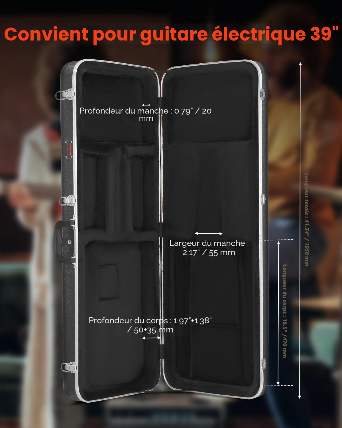 VEVOR Étui Guitare Électrique Rigide Rectangulaire 1050 mm avec Verrouillage à Clés, Poignée, Rembourrage en ABS, Doublure Douce, Résistants à l'eau, pour Guitares Électriques de 39 po 99 cm, Noir