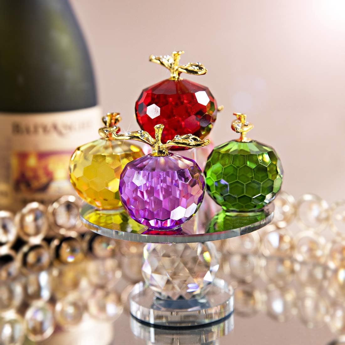 QFkris 5.1inches Height, 5 Colors Crystal Faceted Apples Ornament, Glass Apple Figurines Collectibles with Rotatable Base for Home Table Decor