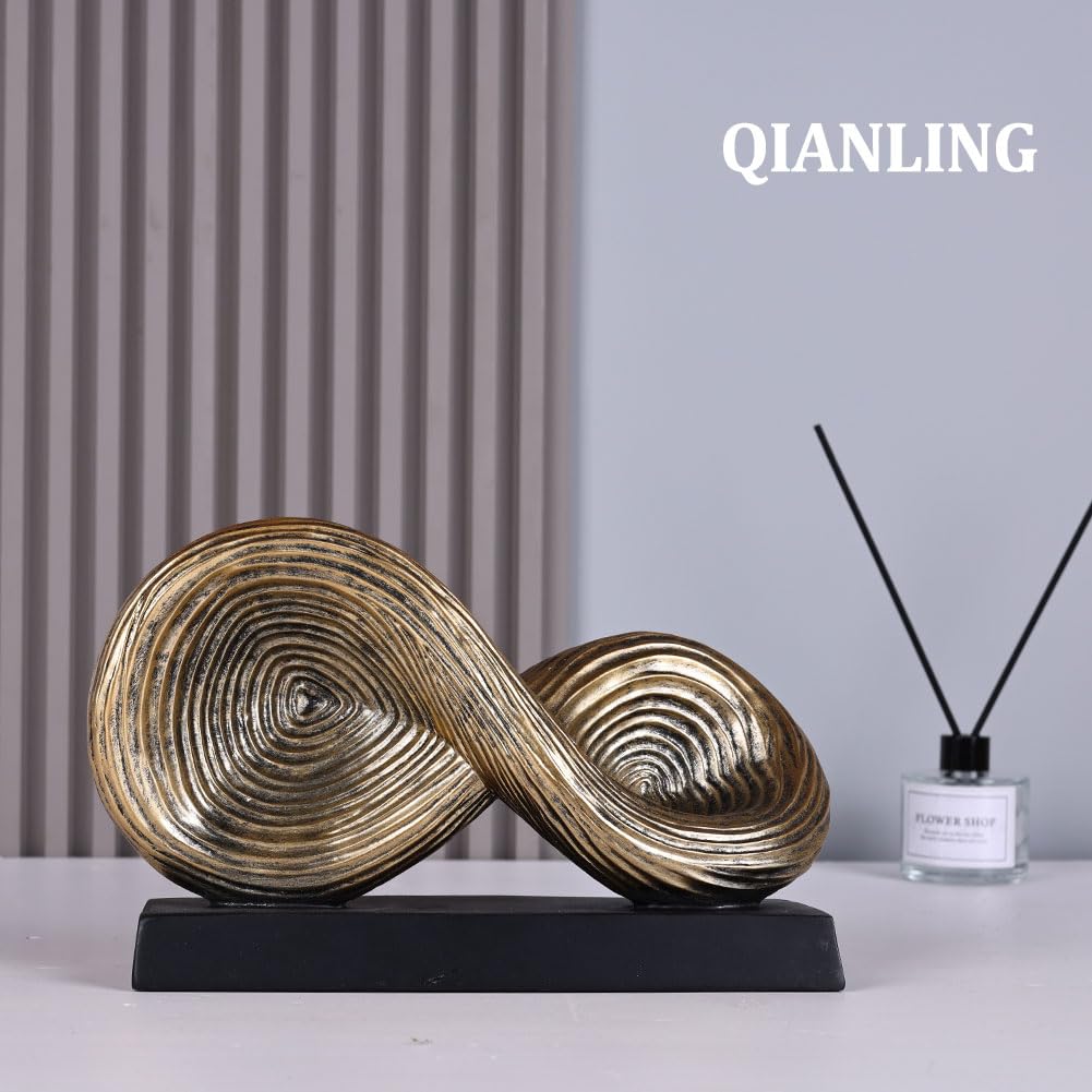 QIANLING Escultura de arte abstracto, escultura de símbolo de bucle infinito, estatua decorativa abstracta, nudo dorado para decoración del hogar, decoraciones modernas para mesa de café, entrada