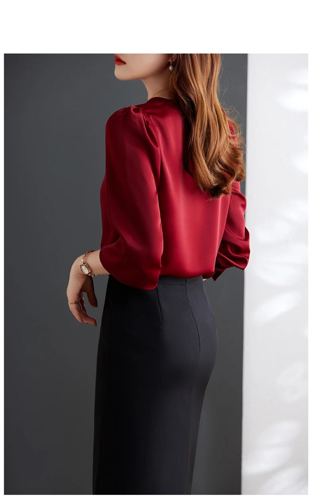 Blusa de satén de manga larga con cuello redondo para mujer, para oficina, trabajo, ropa
