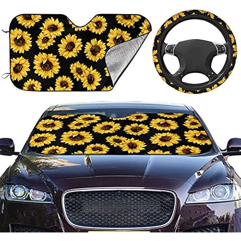 Sunflower 2pcs Car Front Sunshade Windshield and Steering Wheel Cover Set,Easy to Install,Universal Fit for Auto Truck Van SUV Protect Car Interior (Upgrade Hardened) Cover