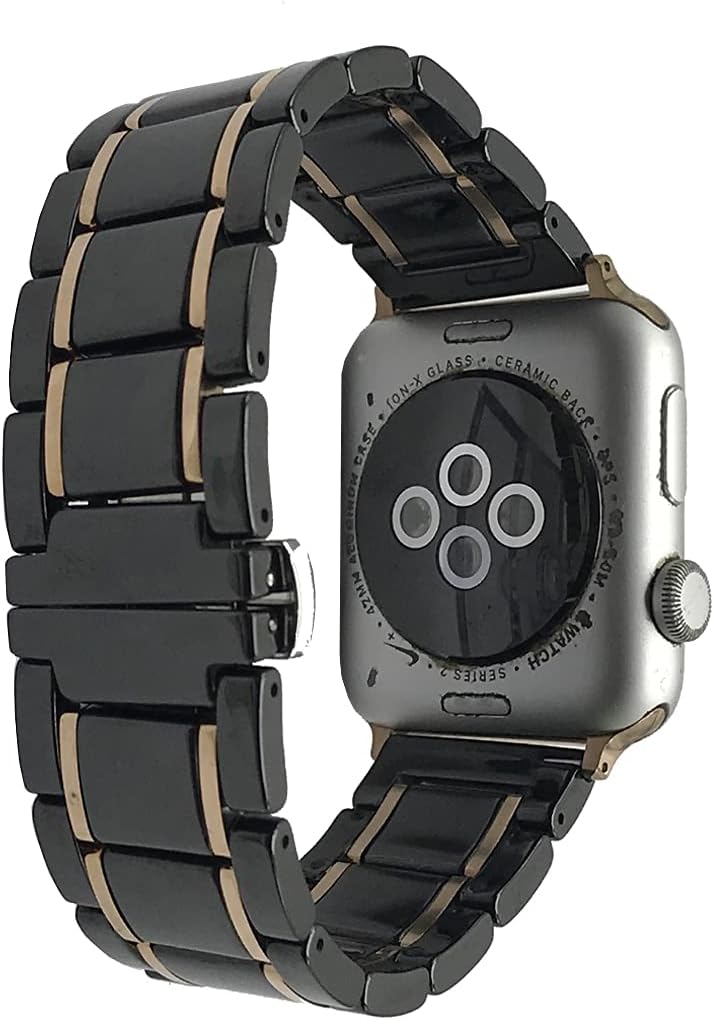 MeShow 49mm/45mm/44mm/42mm Two Tone Ceramics Stainless Steel Removable Link Strap Bracelet Watch Band with Stainless Steel Butterfly Buckle Clasp for iWatch Series 8/7/SE/6/5/4/3/2/1/ultra