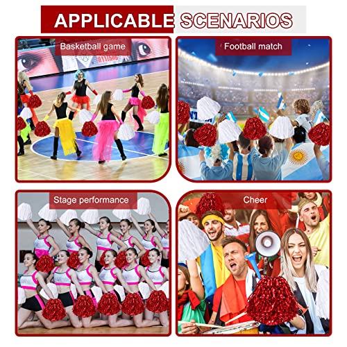 cssopenss 6 Pcs red Pom Poms Cheerleading Metal Foil red Pom Poms with Plastic Handles red White Pom Poms for Cheering in Sports Meet Competition Fields and Other Festive Occasions, 30 Grams