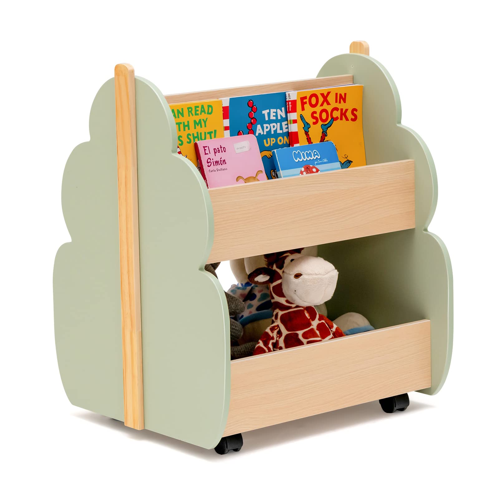 COSTWAY Kinder Bücherregal auf Rollen, 2 Ebenen Spielzeugregal aus Holz, 52 x 46 x 62,5 cm (Grün)