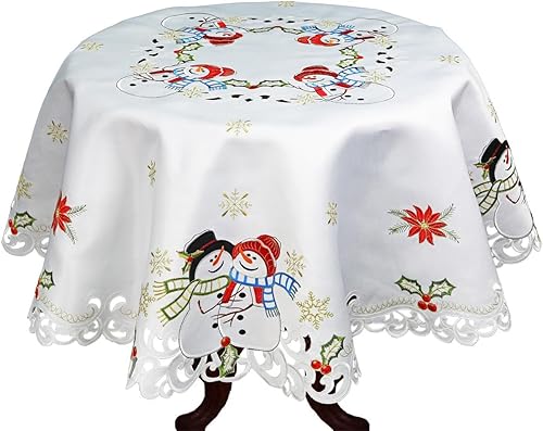 Creative Linens Mantel navideño de 52 pulgadas, redondo, bordado, muñeco de nieve, copo de nieve, flor de pascua, decoración de mesa de invierno, Creative Linens Mantel navideño de 52 pulgadas, redondo, bordado, muñeco de nieve, copo de nieve, flor de pascua, decoración de mesa de invierno,