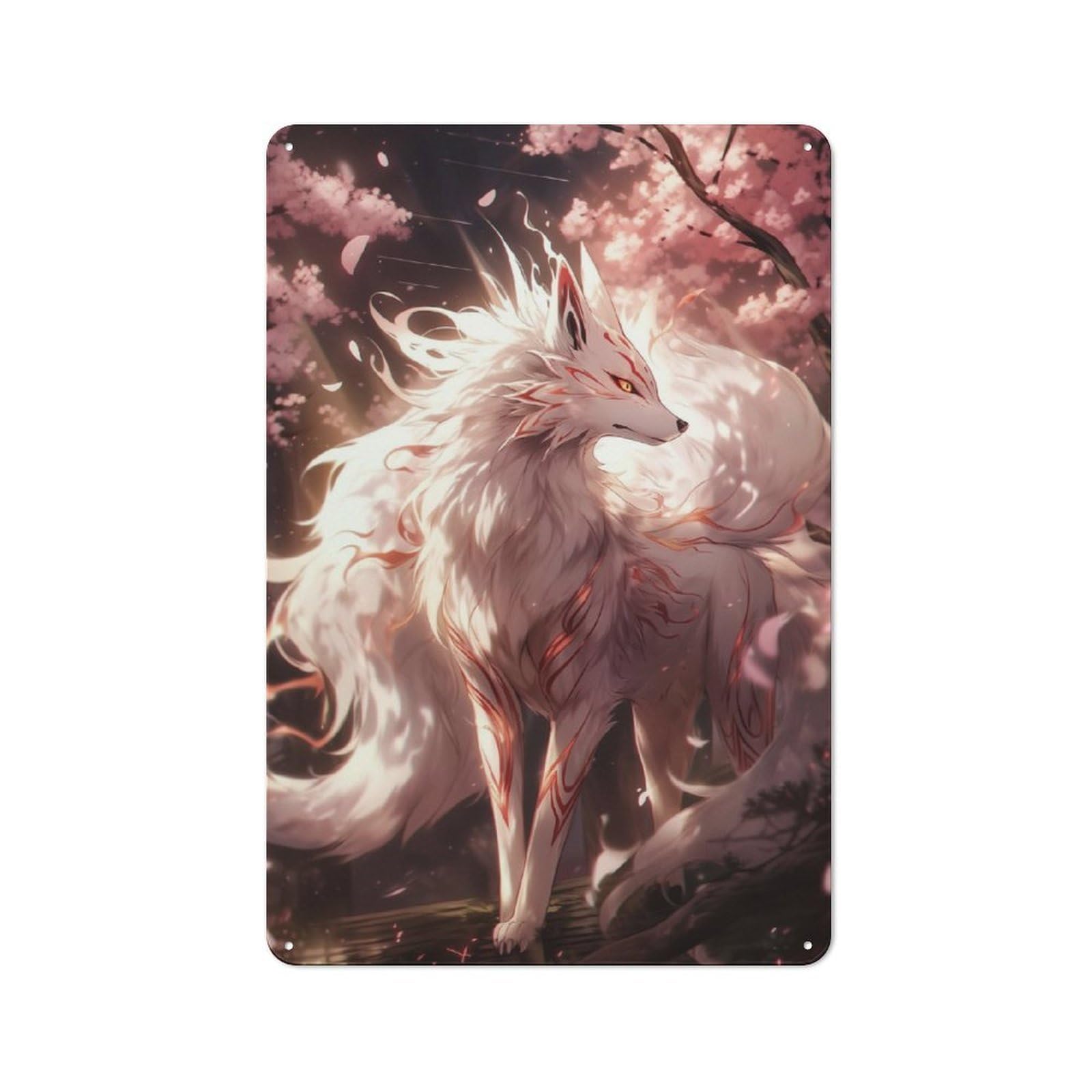 Junmoney White Sakura Kitsune Tin Sign 30X20cm With For Home Bar Wall, Vintage Decor, Suited To Home Bar Decor Fans
