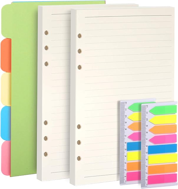 Teenitor 2 Pack A5 Refills Planner Inserts Lined Paper + 5 Color Subject Dividers + 320 Pcs Note Flags Index Tabs, 6-Ring Ruled Diary Refillable Pages for filofax, Card Dividers & PET Translucent Tabs