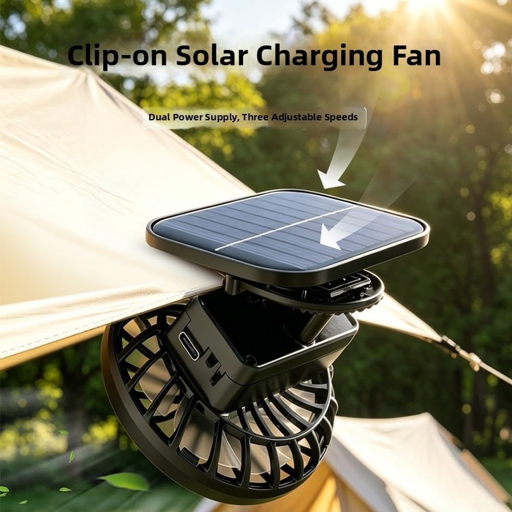 Clip-On-Hut-Ventilator, solarbetrieben, USB, wiederaufladbar für Mini-Kühlung, 3 Geschwindigkeiten, leiser Motor, leichte Klemme für Outdoor, Camping, Wandern, Angeln, Reisen, schwarz, 75 x 65 x 85 mm