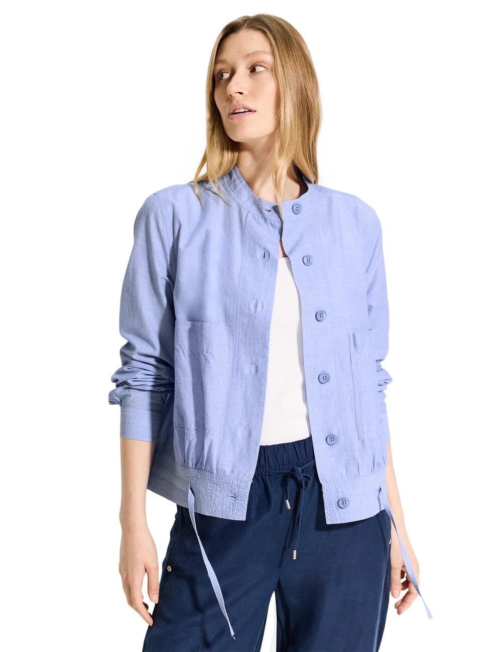 Veste Femme Cecil En Chambray Bleu - Col Montant Boutonnière - Léger Mi-saison - Pur Coton - Taille L