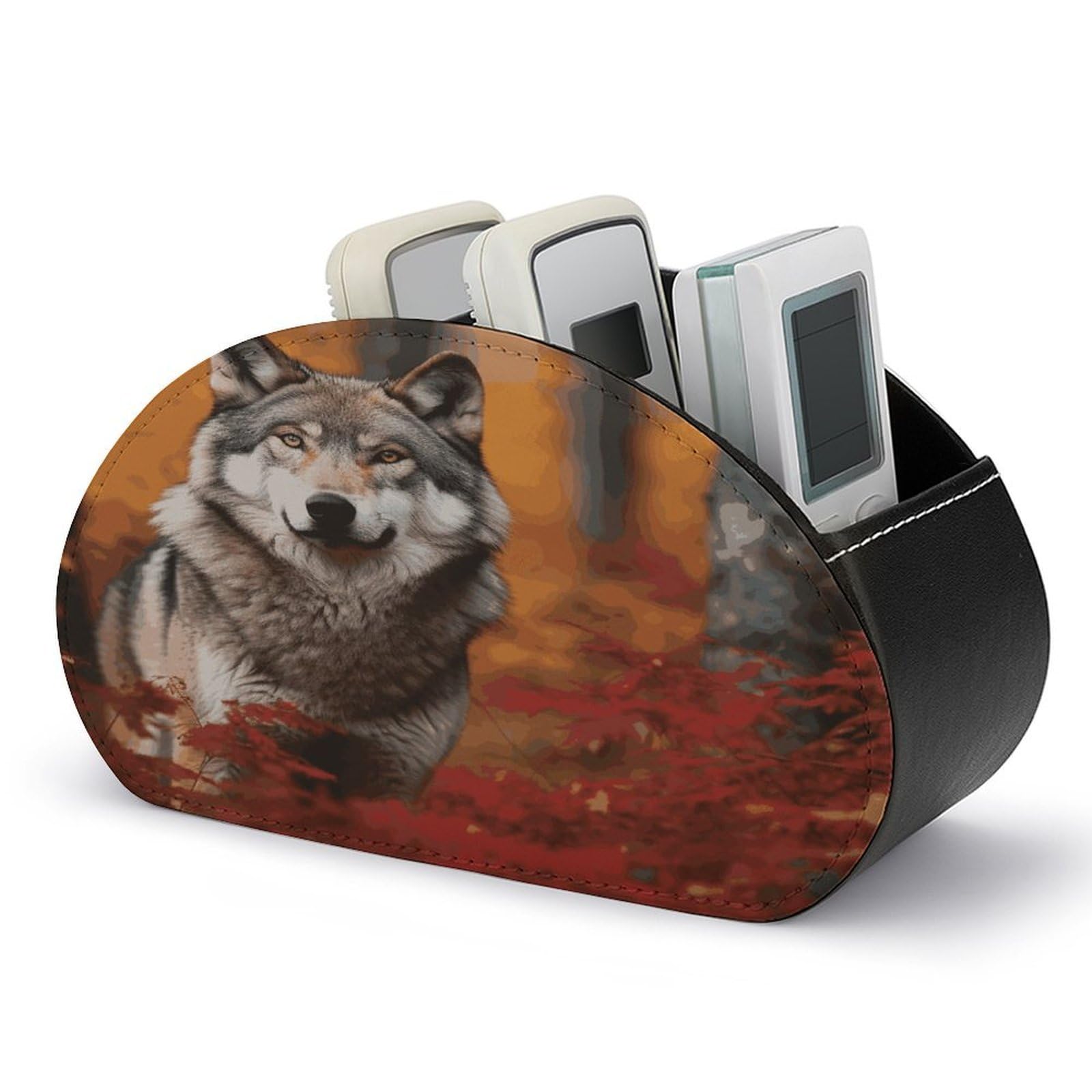 FekiLoot Autumn Animals Wolf Remote Control Holder with 5 Compartments Remote Organizer Caddy for Table TV Remote Caddy Storage Box/Tray Fits Media Controllers Office Supplies
