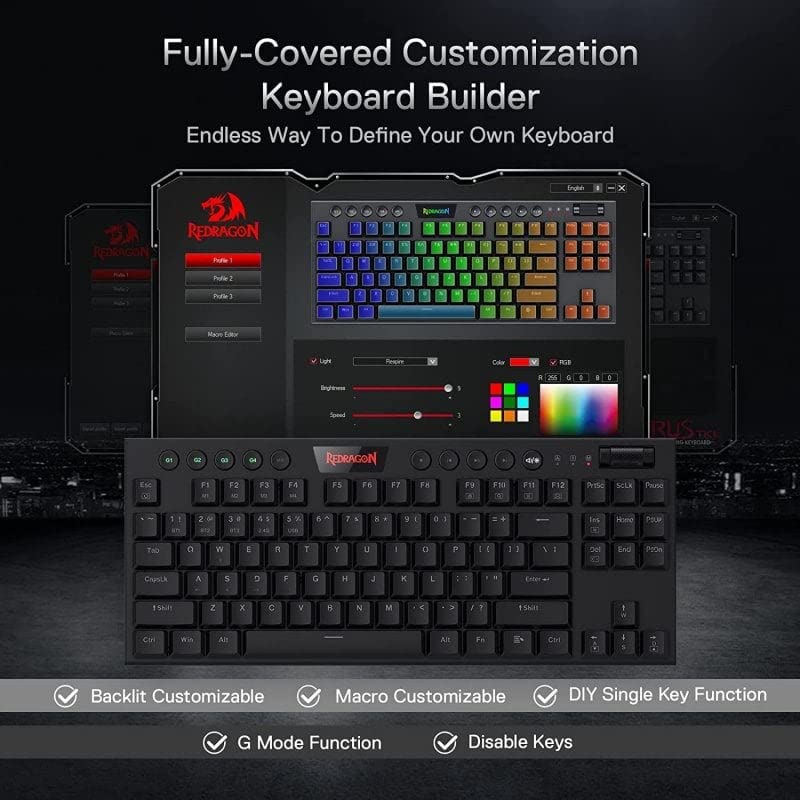 Redragon Horus K621 RGB Teclado Mecanico TKL Gaming Inalambrico USB, USB-C y Bluetooth - Iluminacion RGB - Teclas Red