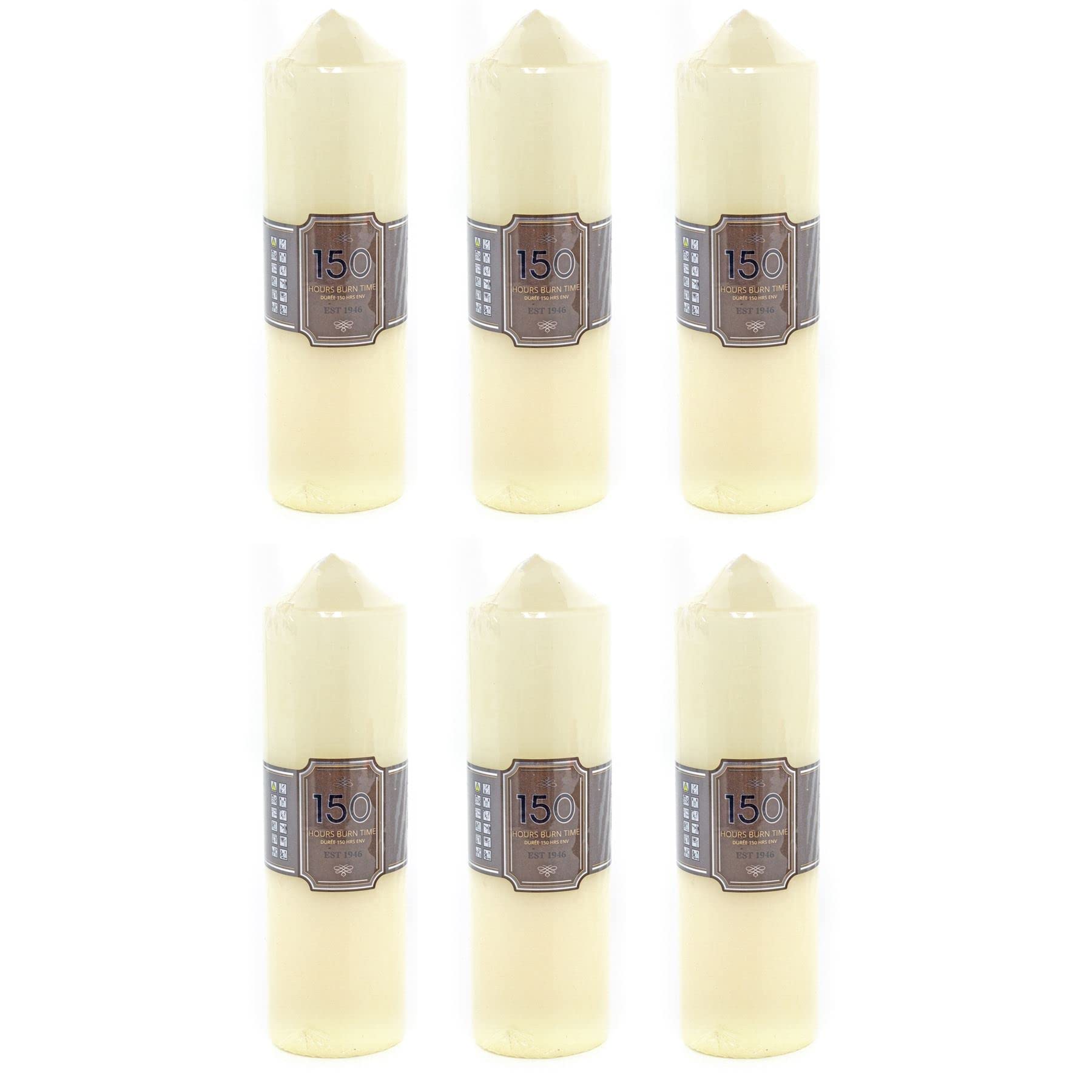 Carousel Home Ivory Cream 24cm x 7cm 150 Hour Unscented Pillar Candle (Pack of 6) - Ideal for Weddings, Christmas and Everyday Use