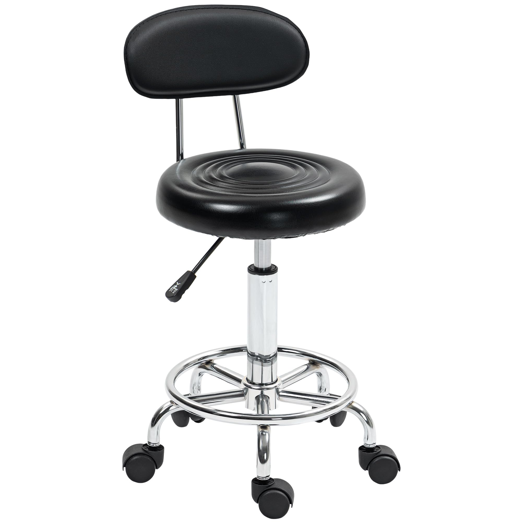HOMCOM Tabouret à roulettes avec hauteur ajustable 70-86 cm, tabouret de massage pivotant avec dossier et repose-pieds, chaise de travail à roulettes pour salon de massage, tatouage, clinique, noir