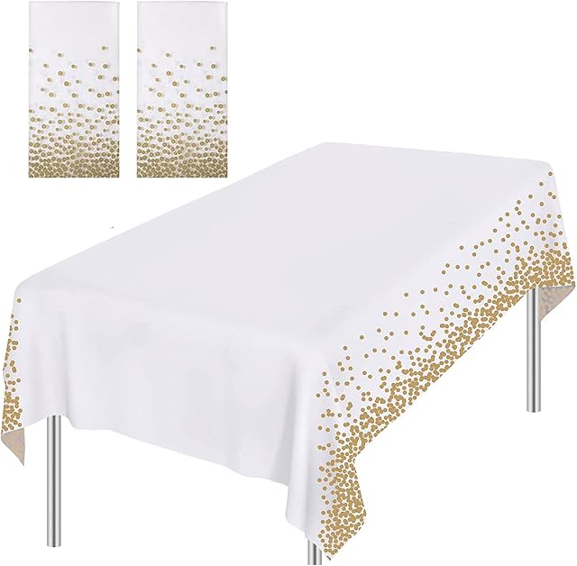 FUYOAL 2 Pack White and Gold Table Cloth, 54 x 108 Inch Disposable Dot Tablecloths Gold Dot Confetti Table Cloth Party Rectangular Table Cover for Outdoor Picnic Birthday Party