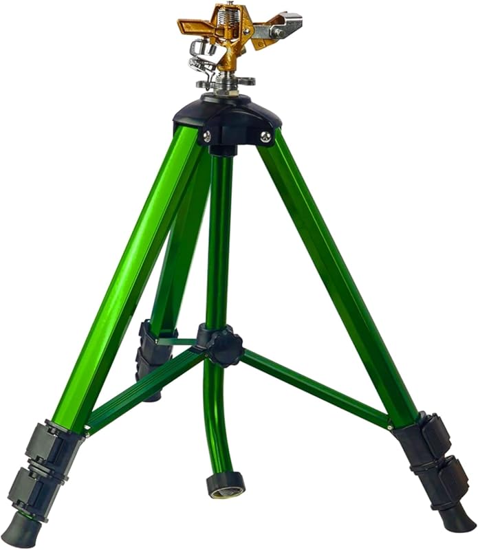LIULO TOOL Aspersor de impacto sobre base de trípode, aspersores de trípode con cabeza, riego de área grande de 360 ​​grados con patas de extensión, cierres abatibles, conector resistente de 3/4 pulgadas para jardín de césped