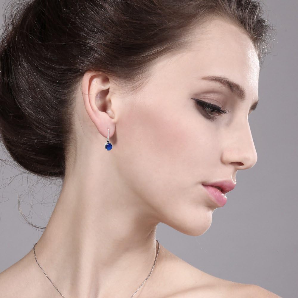 Gem Stone King 14K White Gold Blue Created Sapphire and Blue Sapphire Leverback Dangle Earrings For Women (2.04 Cttw, Gemstone September Birthstone, Round 6MM)