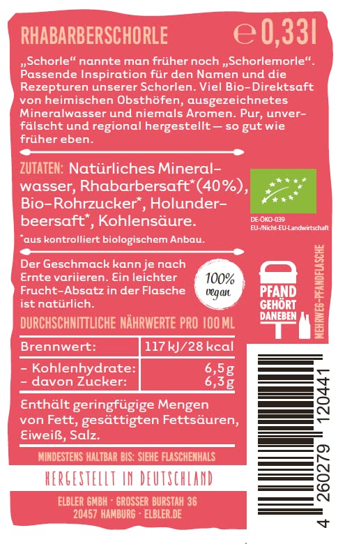 Elbler Morleschorle, 24 x 0.33 l, Mixpaket: 12 x Johannisbeerschorle, 12 x Rhabarberschorle, inkl. 1,92€ Pfand, Bio-Schorle, Bio-Obst, Direktsaft ohne Zuckerzusatz, mit Natürlichem Mineralwasser