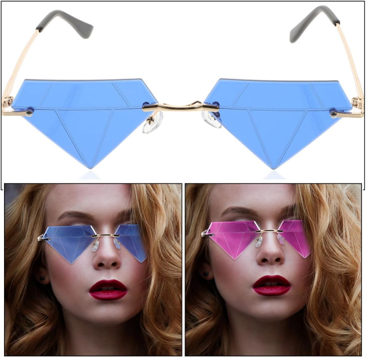 2pcs Funny Rimless Diamond-shaped Sunglasses Party Glasses for Men and Women Comfortable PC Material Costume Accessory Unique Shape Eyewear for Disco and Birthday Parties