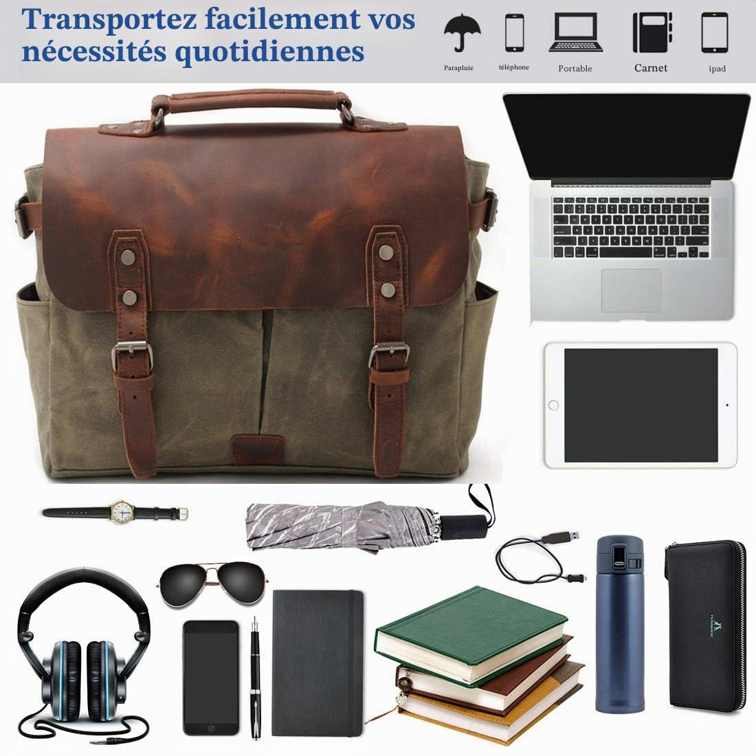 ordinateur de bureau chez mallette en cuir imperméables messager sac en toile collège 15.6inch aménagement vert de l'armée