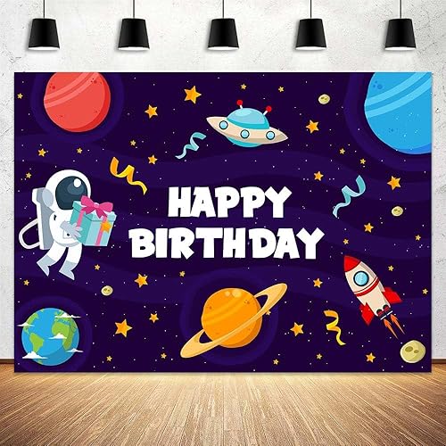 Miniatura 8 de Telón de fondo de feliz cumpleaños, 7 x 5 pies, galaxia con purpurina para niños, astronauta, fotografía de nave espacial, fondo de tela, universo