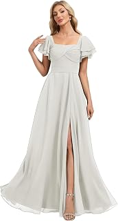 Women's Ruffles Sleeves Bridesmaid Dresses V Neck Long A Line Chiffon Formal Party Dress S14