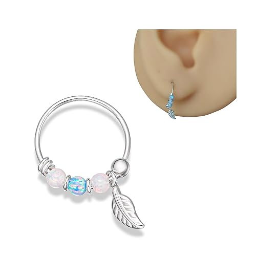 Vista 26 de Handmade Silver Single 10MM Cartilgae Helix Piercing Hoop Earring with Trio Blue Opal, 925 Sterling Silver Very Small 10MM Thin 22Gauge Hoop for