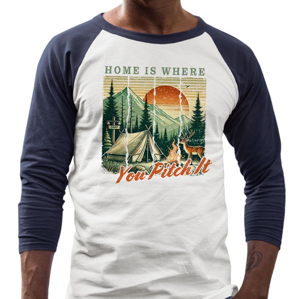 TeesAndTankYou Home is Where You Pitch It Three-Quarter Raglan Sleeve Baseball Shirt Unisex X-Large White/Navy